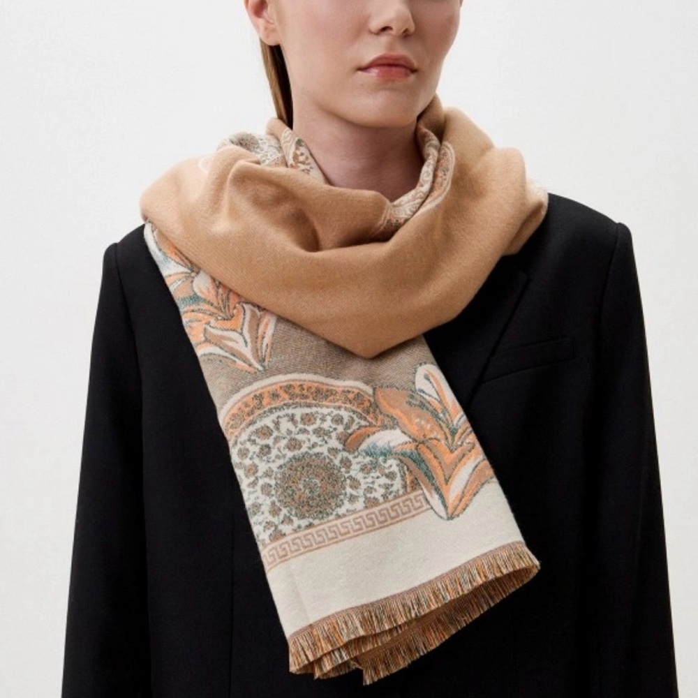 Cashmere Wool Scarf Shawl Large 74.8x27.6 in Beige Brown Pattern New